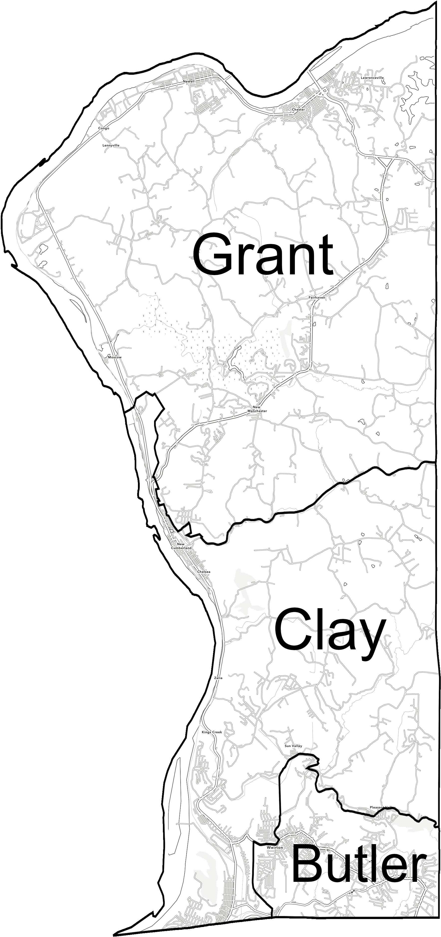 The three magisterial districts segment Hancock County into three regions of approximately equal population in a north-south direction. Grant is the most northerly, bounded at the south by Hardin Run Road. It includes Chester, Newell, and New Manchester. Grant district notably excludes the city limits of New Cumberland; that area is covered by Clay District instead. Clay covers the area between Hardin Run Road and Kings Creek Road, but it includes the western third of Weirton. Butler district is the physically smallest district due to its high population density. Its eastern and southern edges are bounded by the county line; its northern boundary by Kings Creek Road. The west-east border of Clay and Butler district is the most complex. It begins at the intersection of Patricia Drive and Kings Creek Road and travels due south until it meets Pennsylvania Avenue. At that point, it follows Pennsylvania Avenue westward for three quarters of a mile, then turns back due south. It is positioned in such a way that those in proximity to Weirton High School will be in Butler; those closer to downtown will be in Clay.
